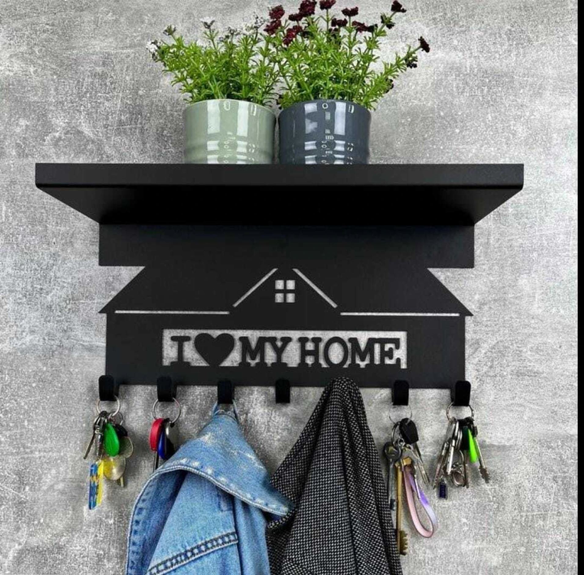 Steel Rack For Multipurpose Storage Rack & Shelf with 7 Key Hooks-Wall Mount Steel Key Holder (7 Hooks, Black)