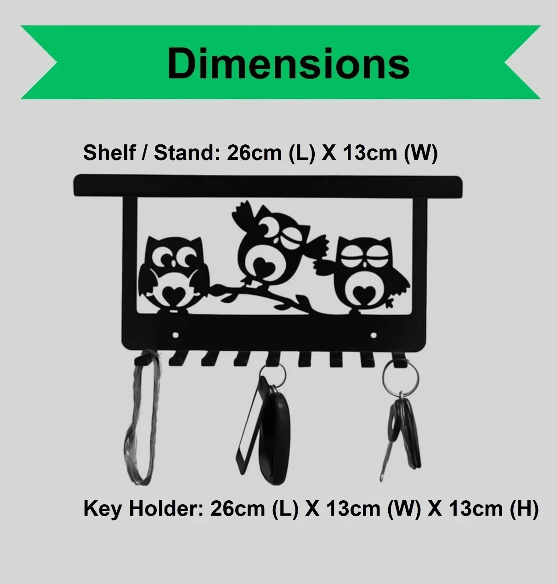 Key Holder for wall with 9 Hooks with Shelf/Stand, Multipurpose Owl Design Steel Key Holder (9 Hooks, Black) - Image 3