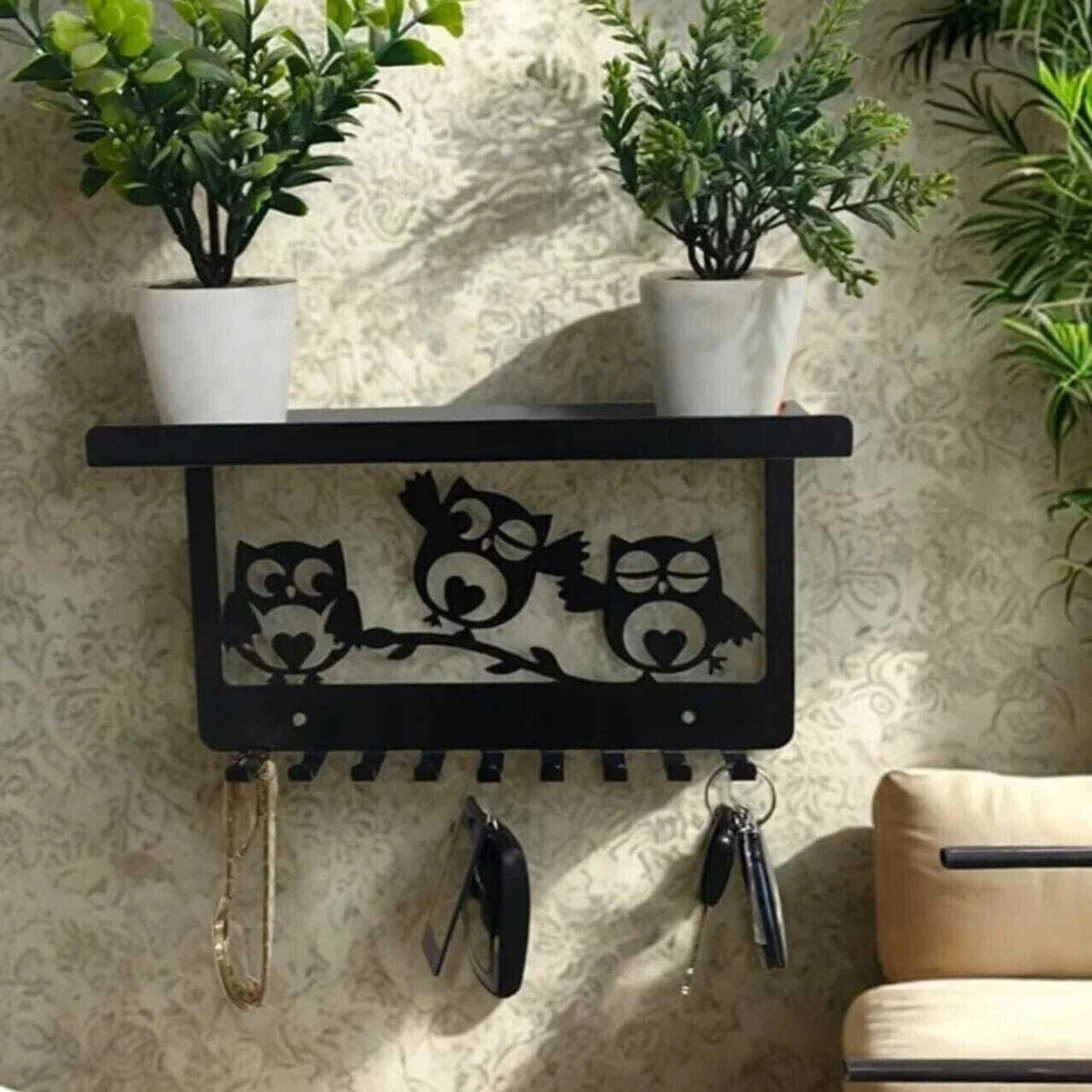Key Holder for wall with 9 Hooks with Shelf/Stand, Multipurpose Owl Design Steel Key Holder (9 Hooks, Black)