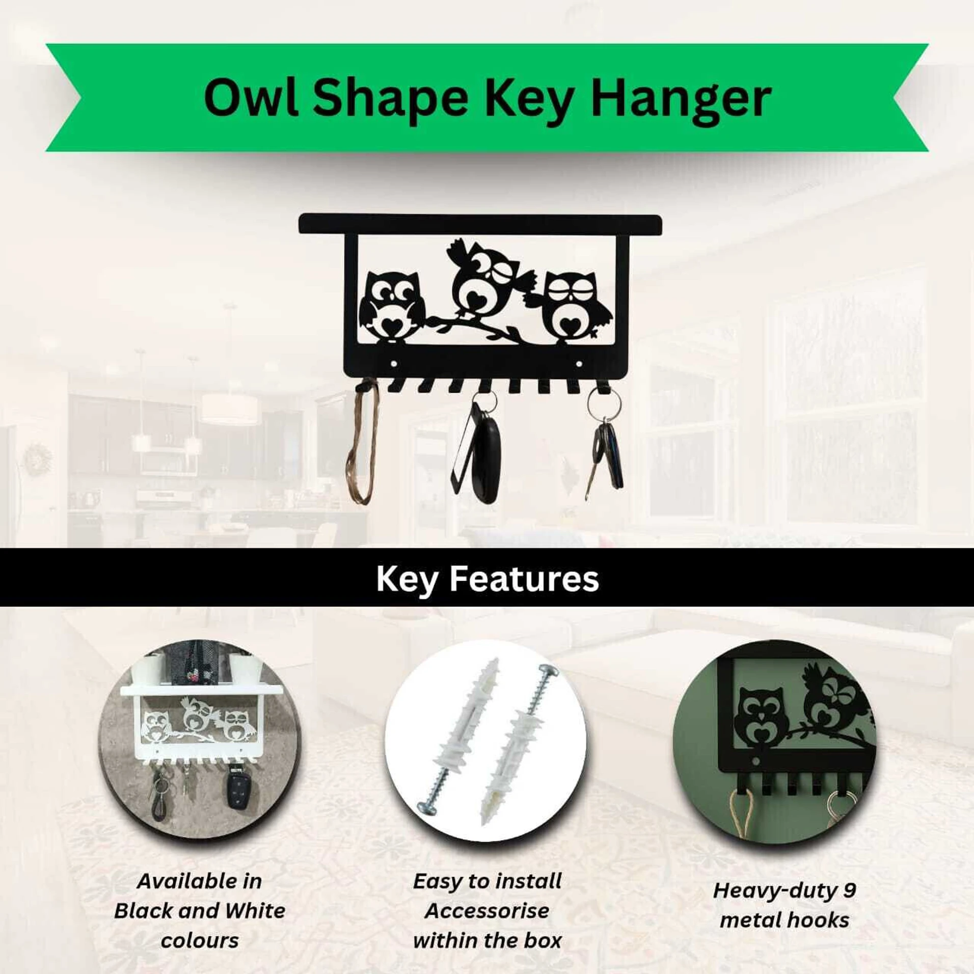 Key Holder for wall with 9 Hooks with Shelf/Stand, Multipurpose Owl Design Steel Key Holder (9 Hooks, Black) - Image 2