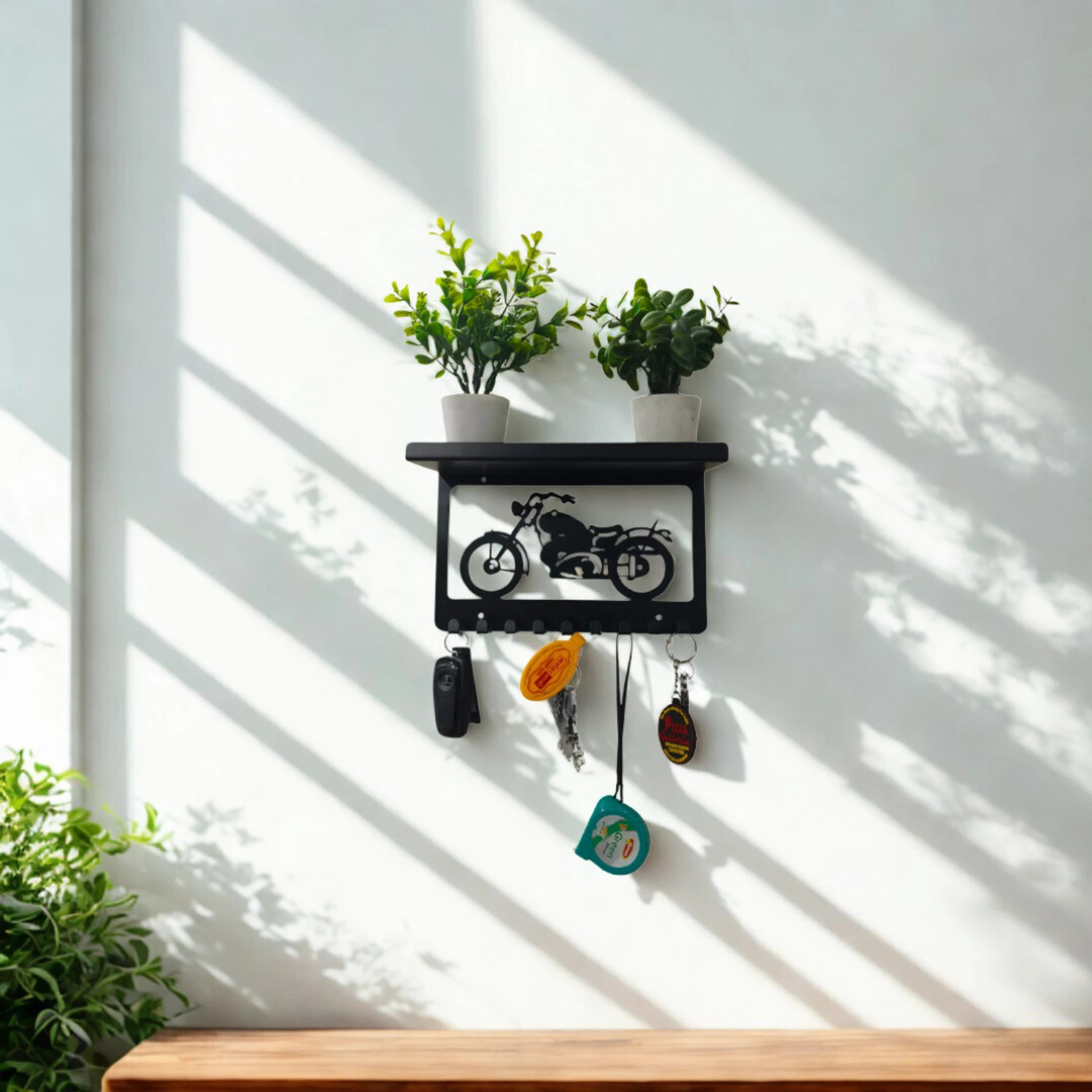 Metal Key Hanger with Shelf/Stand, Bike Design Steel Key Holder (9 Hooks, Black) - Image 2