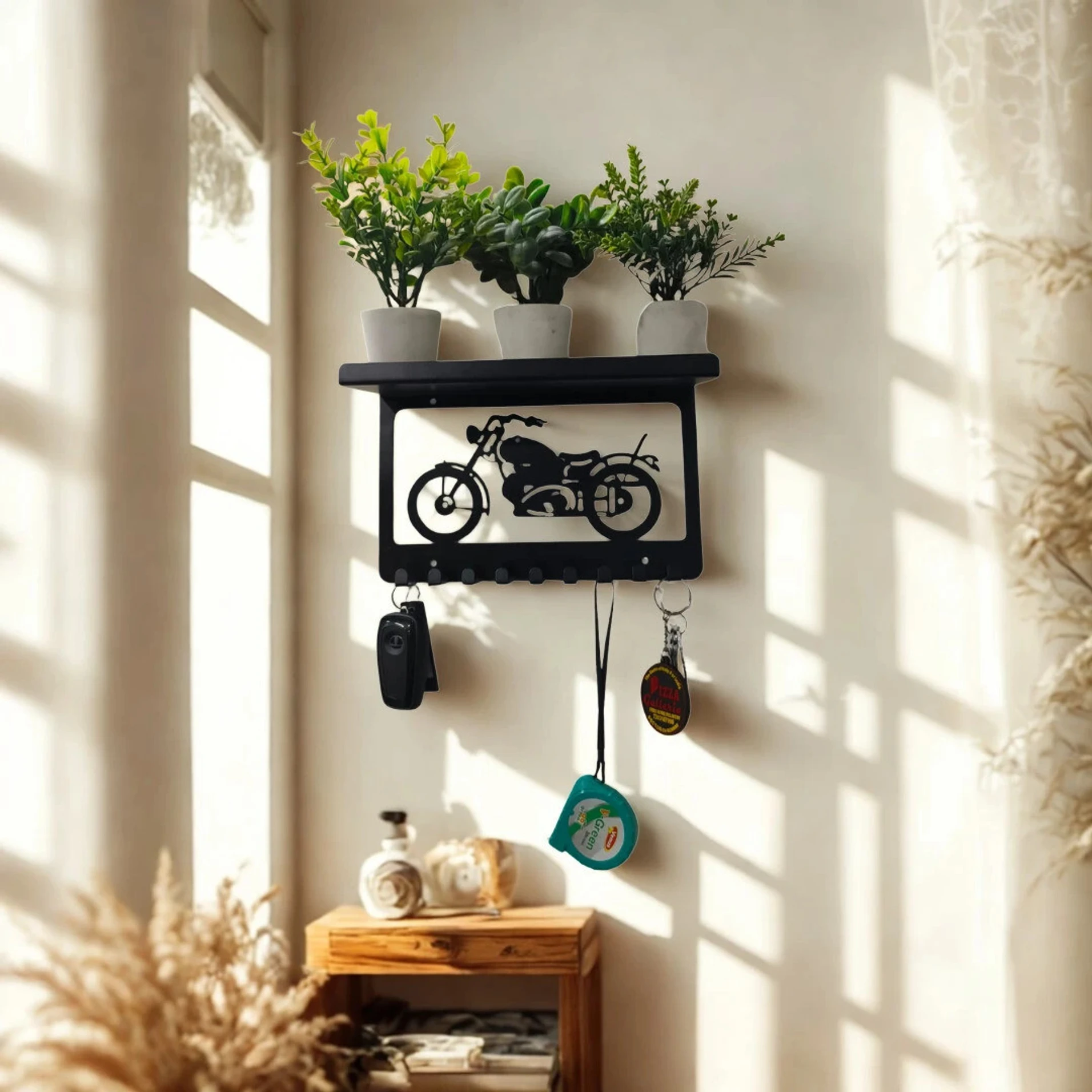Metal Key Hanger with Shelf/Stand, Bike Design Steel Key Holder (9 Hooks, Black) - Image 4