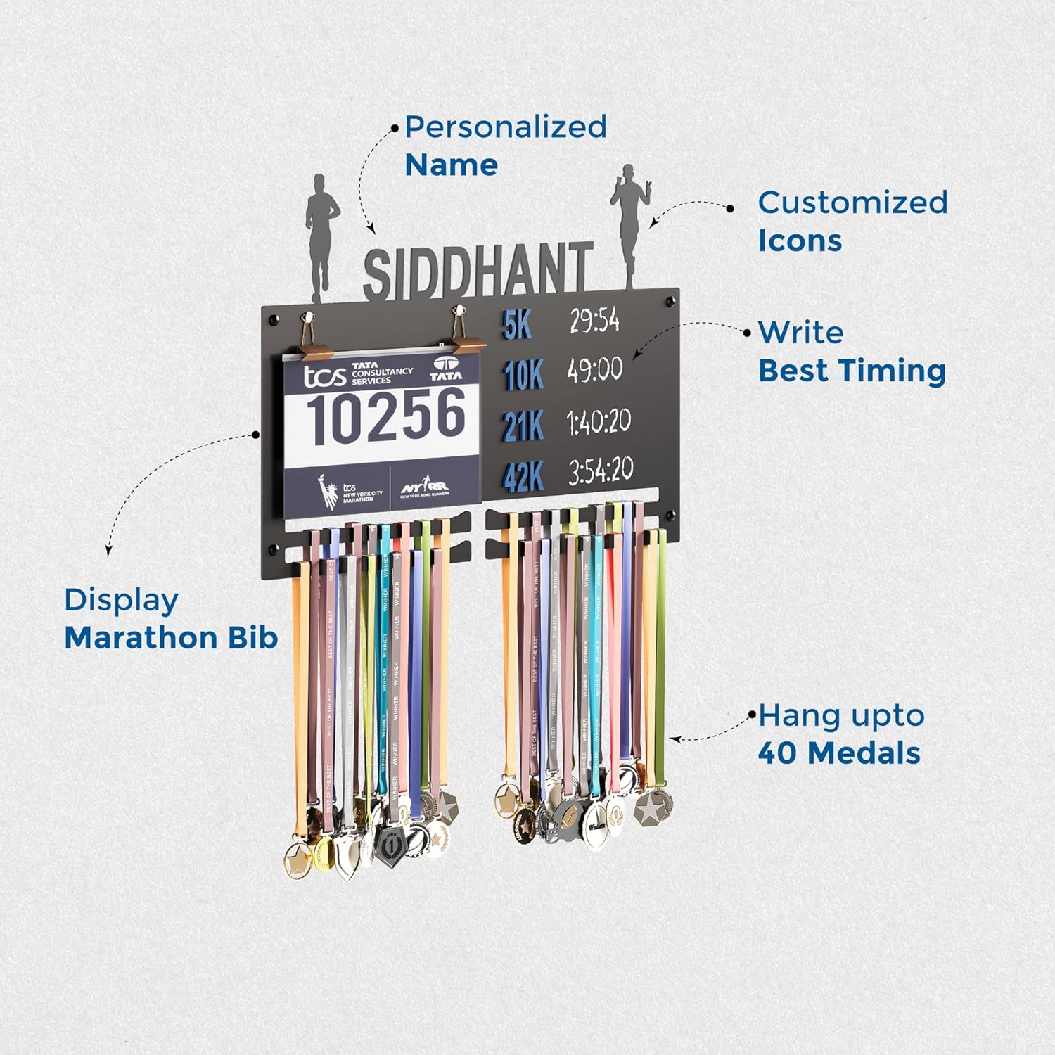 Personalized Marathon Bib & Medal Display Board | Running & Sports Achievement Holder | Hold Upto 40 Medals - Image 3