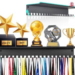 Premium Non-Slip Medal Hanger Display Trophy Shelf, Medal Hanger Display for Wall with Metal Trophy Shelf, Race Medal Display Upgraded Medal Holder Display for gymnastics, Race, Soccer, Swim