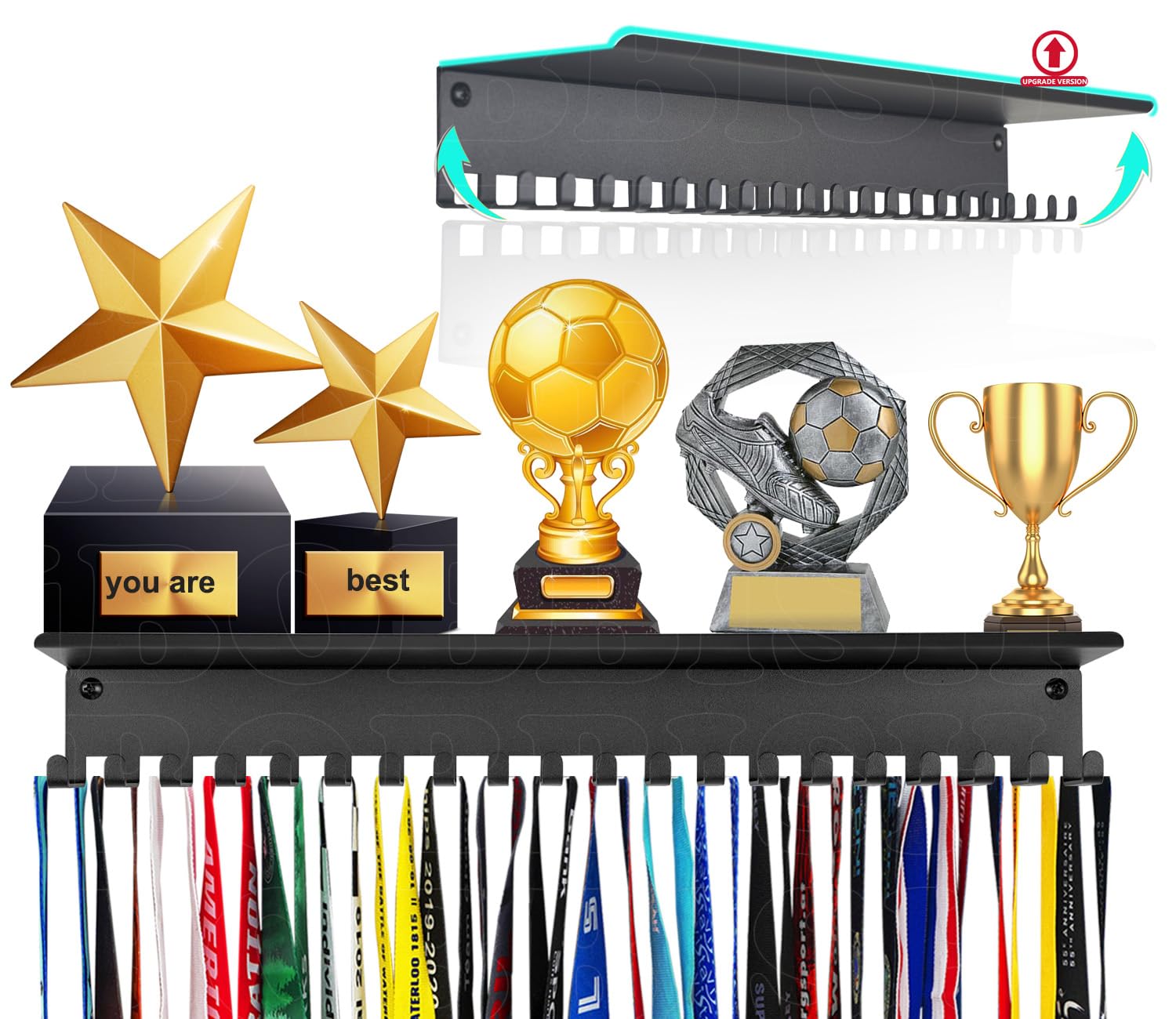 Premium Non-Slip Medal Hanger Display Trophy Shelf, Medal Hanger Display for Wall with Metal Trophy Shelf, Race Medal Display Upgraded Medal Holder Display for gymnastics, Race, Soccer, Swim