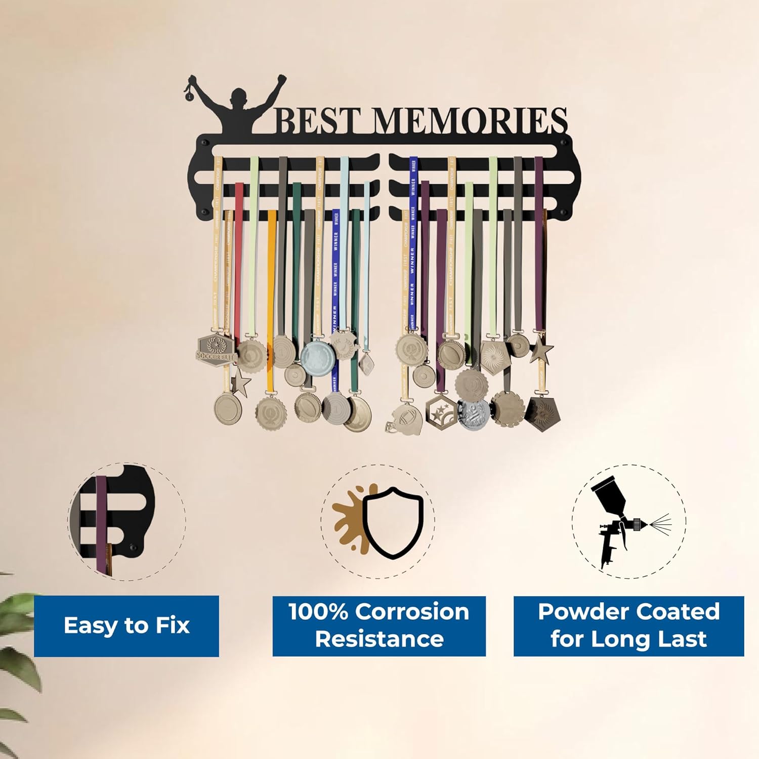 MEDAL HANGERS - Best Memories Medal Holder - Metal Wall Display - Holds Up to 60 Medals - Black, Glossy Finish - Perfect for Kids and Athletes - Image 4