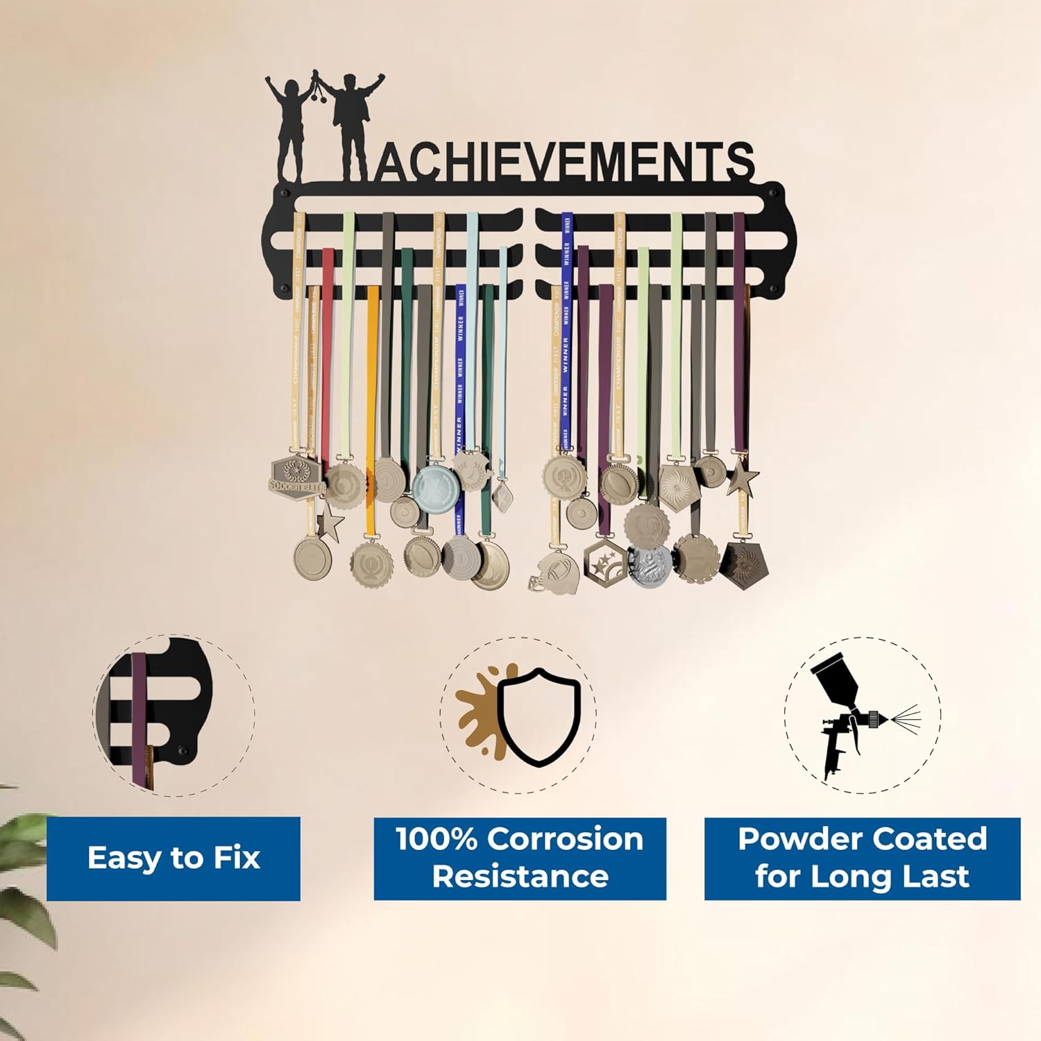MEDAL HANGERS - Achievements Medal Holder - Large Metal Wall Display - Holds Up to 90 Medals - Black, Glossy Finish - Perfect for Kids and Athletes - Image 4