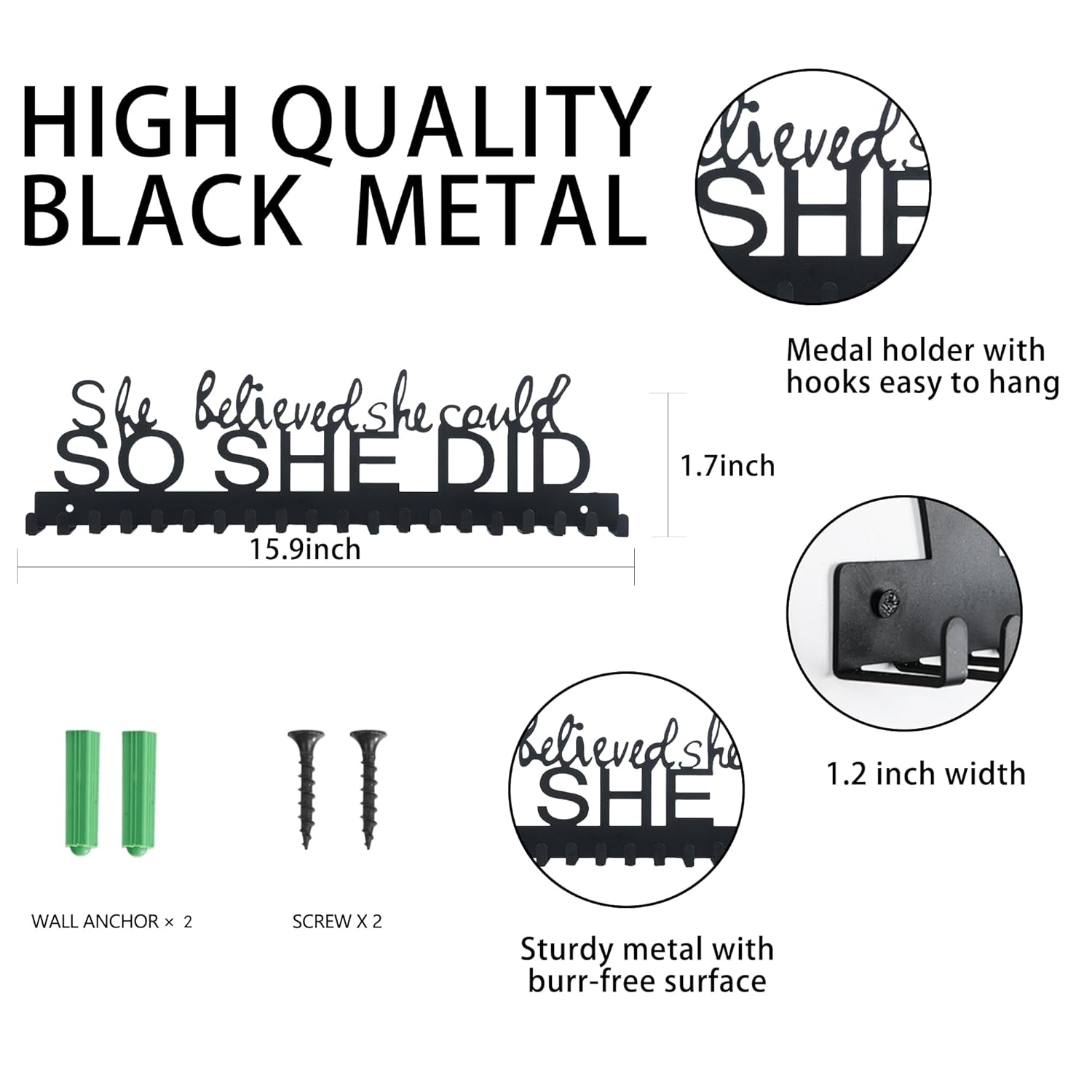 Medal Holder Display Hanger Frame for Sport Race Runner Rack-She Believed She Could -Sturdy Black Steel Metal Over 60 Medals Easy to Install - Image 3