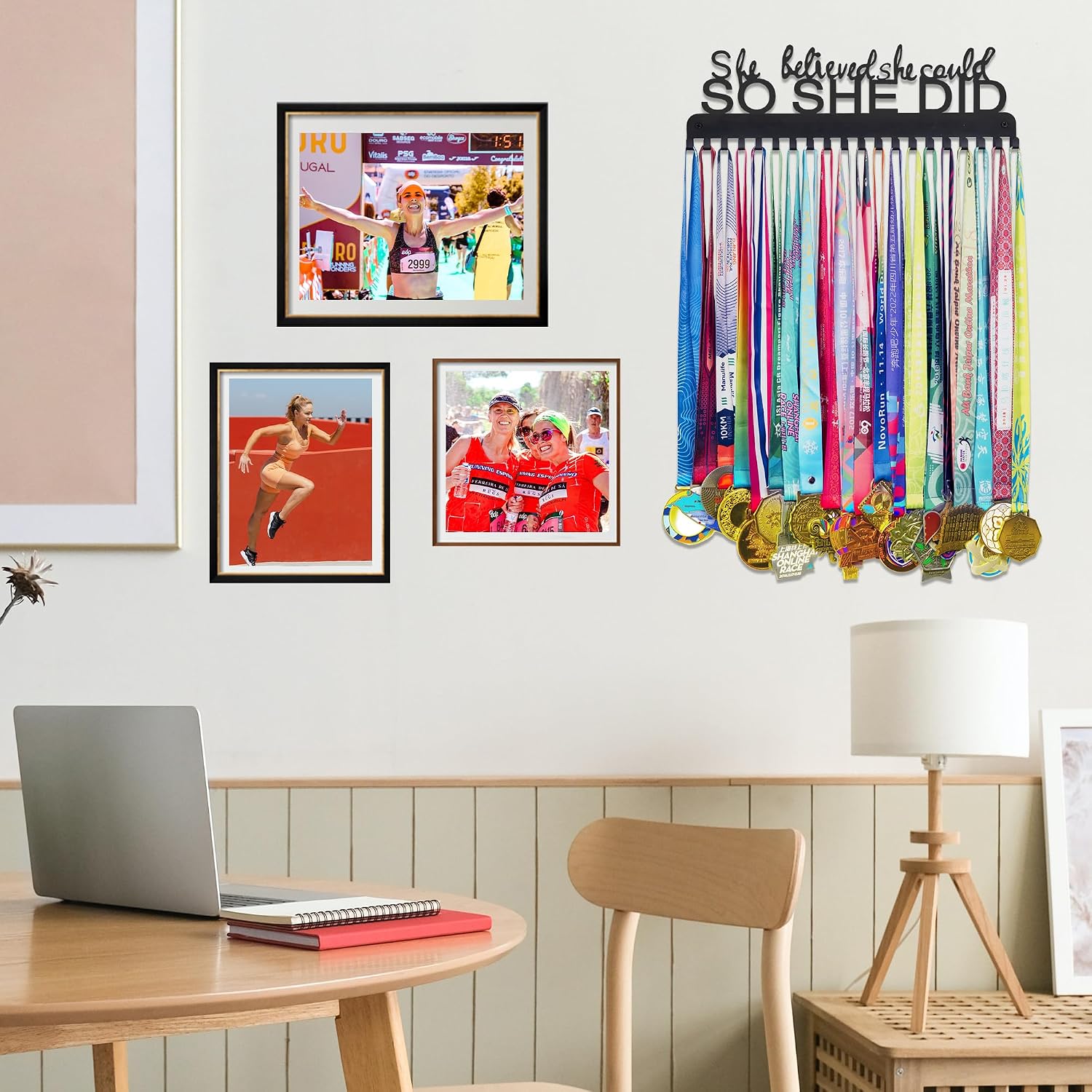 Medal Holder Display Hanger Frame for Sport Race Runner Rack-She Believed She Could -Sturdy Black Steel Metal Over 60 Medals Easy to Install - Image 4