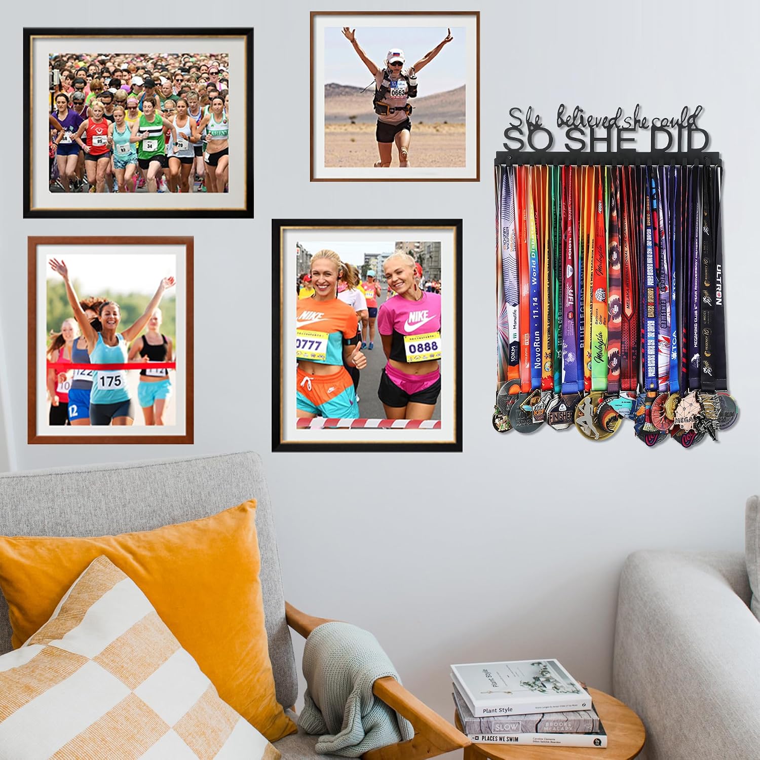 Medal Holder Display Hanger Frame for Sport Race Runner Rack-She Believed She Could -Sturdy Black Steel Metal Over 60 Medals Easy to Install