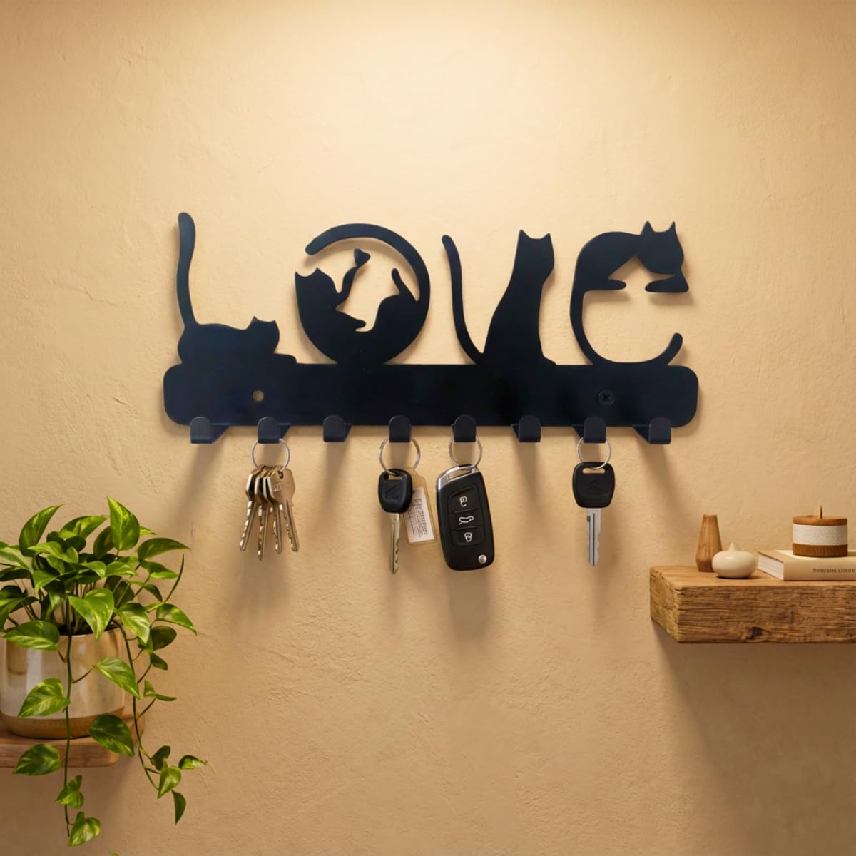 Meet DÉCOR Metal Love Cat Design Key Holder with 8 Hooks | Decorative Wall Mounted Key Rack Organizer | Stylish Cat Lover Gift for Home, Entryway, Hallway, Kitchen & Office