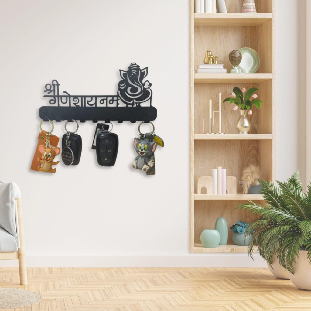 Meet DÉCOR Metal Ganesh Key Holder for Wall with 9 Hooks | Decorative Wall Mounted Key Rack Organizer | Black Matte Finish with Pre-Drilled Holes | Key Hanger for Home, Entryway & Hallway