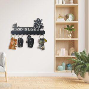 Meet DÉCOR Metal Ganesh Key Holder for Wall with 9 Hooks | Decorative Wall Mounted Key Rack Organizer | Black Matte Finish with Pre-Drilled Holes | Key Hanger for Home, Entryway & Hallway