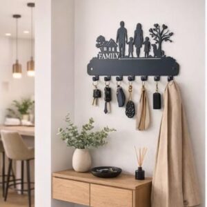 Metal Family Key Holder Wall Mount | 7 Hooks Decorative Key Rack & Organizer | Sturdy Wall Mounted Key Hanger for Entryway, Hallway, Kitchen & Home