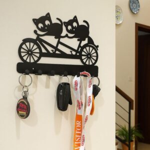 Meet DÉCOR Metal Cycling Cat Key Holder with 8 Hooks | Decorative Wall-Mounted Key Rack Organizer for Entryway, Hallway, Kitchen & Office | Heavy-Duty Metal Key Hanger (25 × 15 cm)