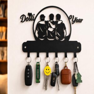 Metal Dosti Key Holder Wall Mount with 7 Hooks | Decorative Friendship Design Key Rack for Home, Entryway, Kitchen & Office | Heavy-Duty Wall Hook Organizer (No Drill Option)