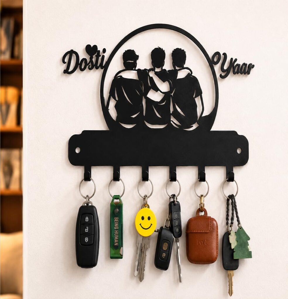 Metal Dosti Key Holder Wall Mount with 7 Hooks | Decorative Friendship Design Key Rack for Home, Entryway, Kitchen & Office | Heavy-Duty Wall Hook Organizer (No Drill Option)