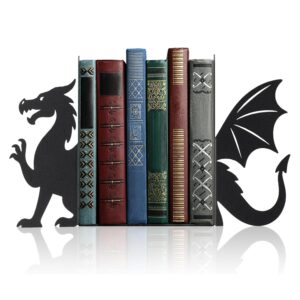 Metal Dragon Bookends Set of 2 | Heavy Duty Decorative Non-Slip Dragon Book Holder Stand for Bookshelves, Study Table, Office Desk & Home Library | Fantasy Gift for Book Lovers & Gamers